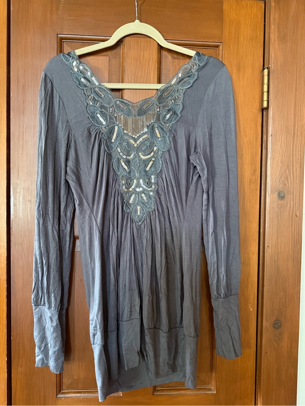Studio Y Charcoal Gray Embroidered V-Neck Tunic